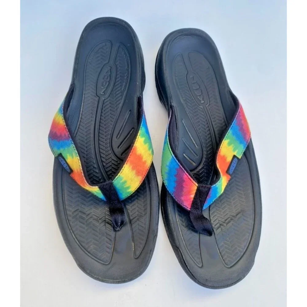 KEEN Mens Kona Flip Flops Sandals Shoes Rainbow Tie Dye Black Beach Pool Size 11